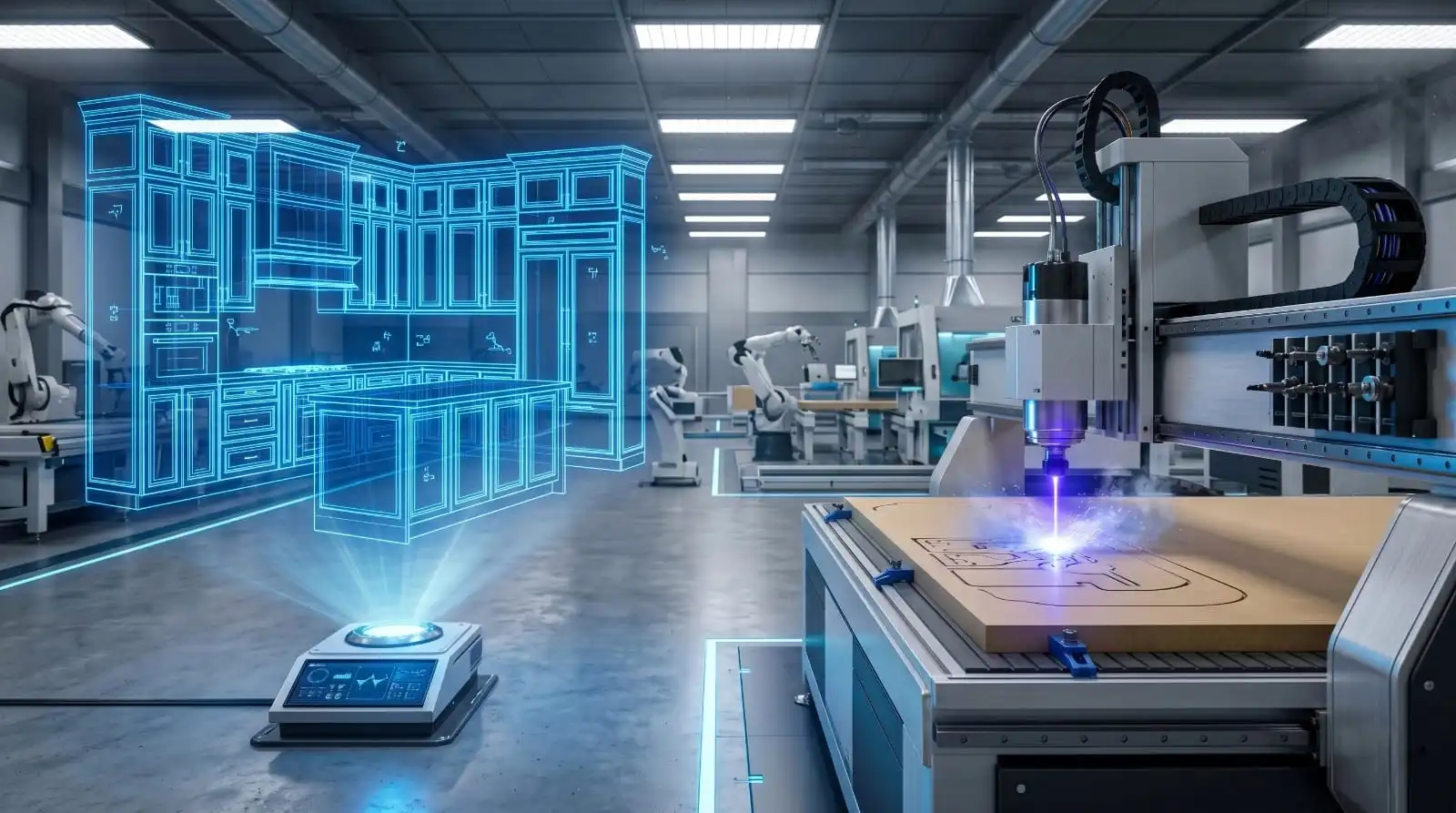 Representação da Marcenaria 4.0 unindo projeto 3D e usinagem CNC