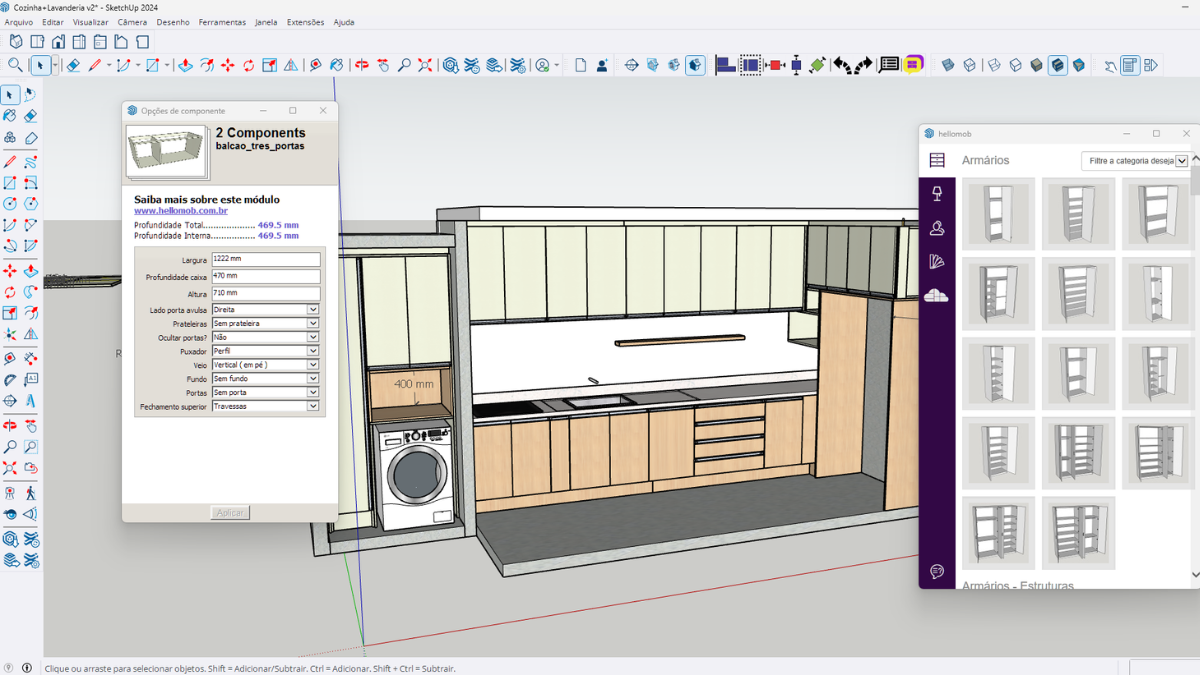 Projeto 3D de marcenaria detalhado no SketchUp utilizando o plugin Hellomob.